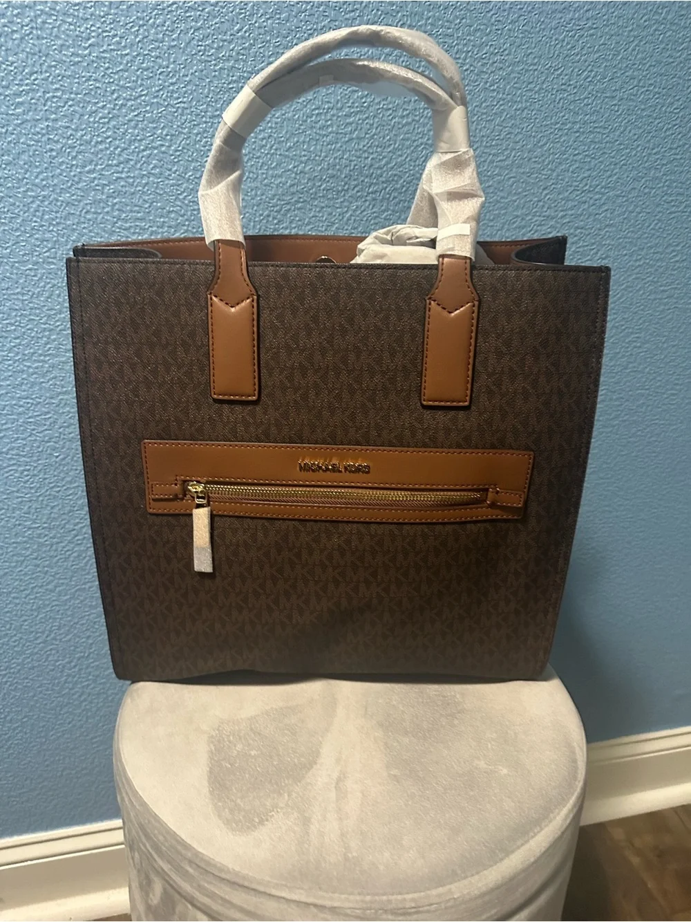 Michael Kors Brown and Tan Logo Tote with Front Zip Pocket
